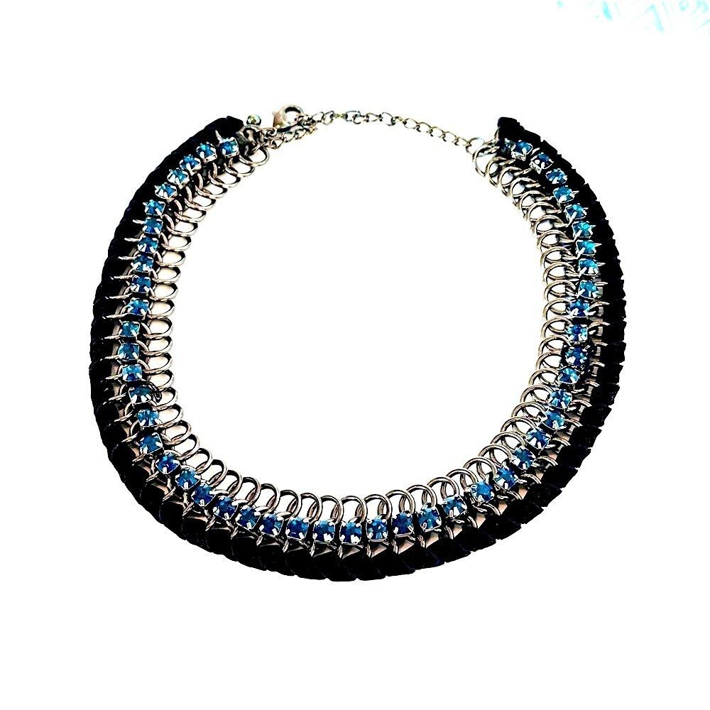 LANE BRYANT Black & Blue Velvet Wrapped Gunmetal Sapphire Statement Necklace NWT